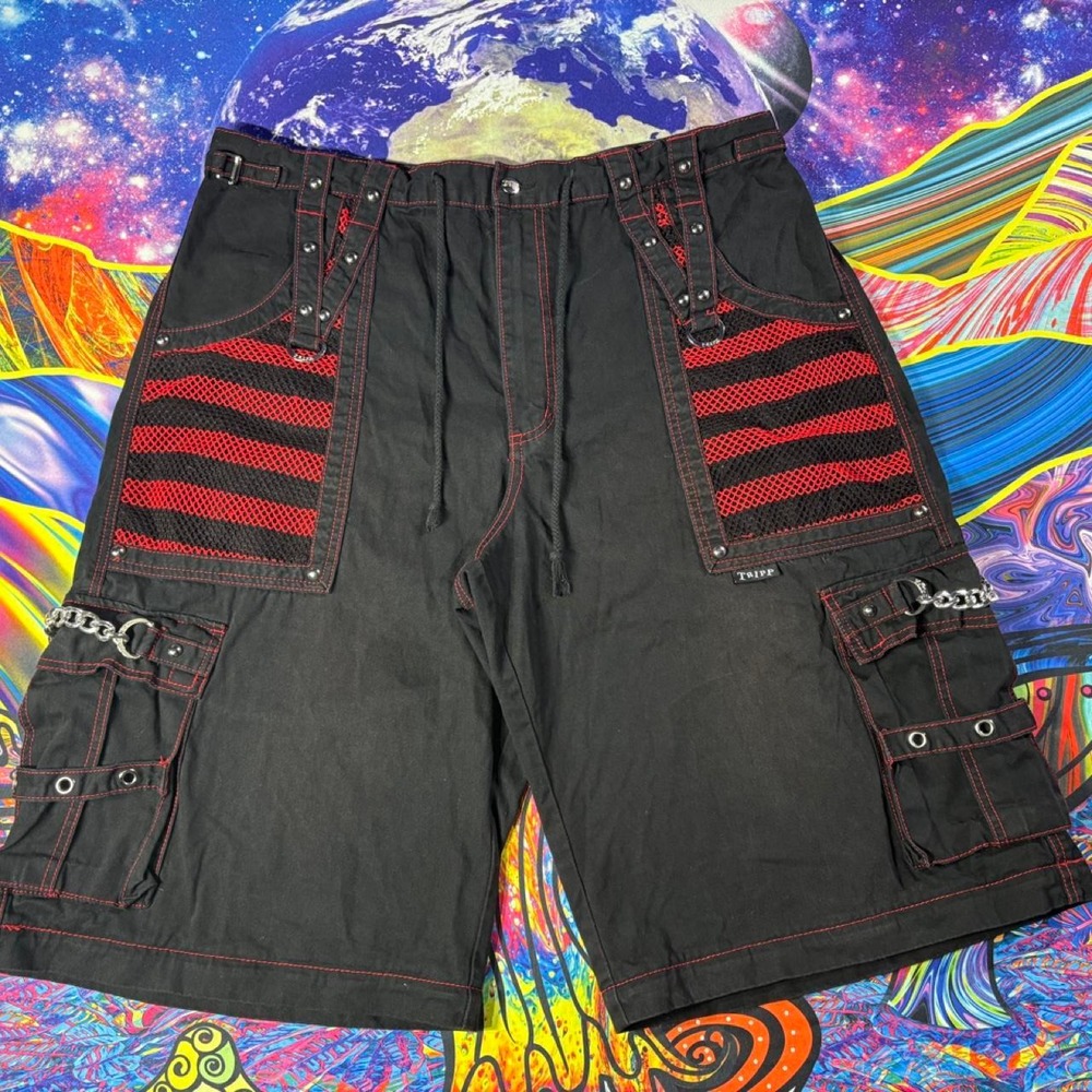 Tripp NYC Daang Goodman Vintage Y2K Mall Goth Emo Cargo Shorts Black Red XXL